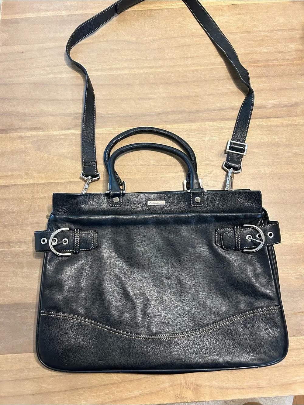 Black Leather Purse Bag Franklin Covey Briefcase Work Tote Shoulder Bag Business - Picture 2 of 16
